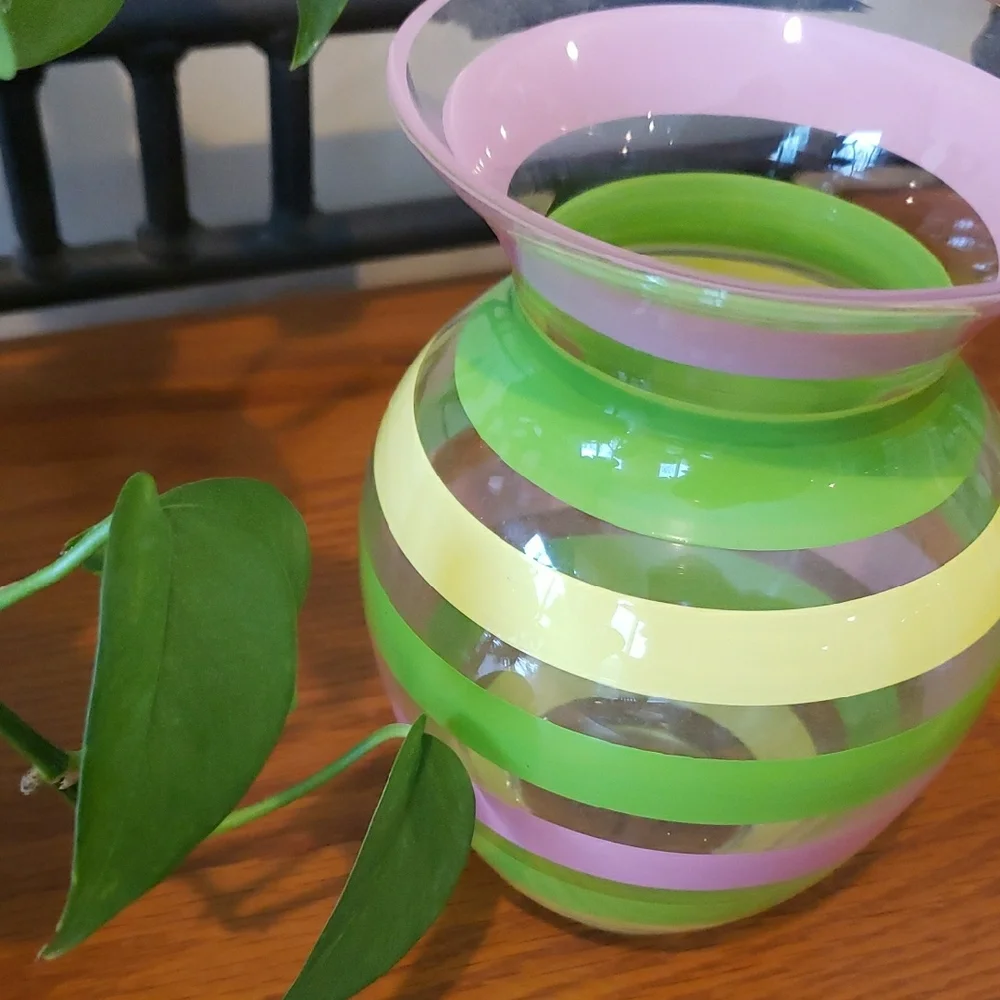 Teleflora Striped Glass Vase - Pink, Green & Yellow - Approx 7